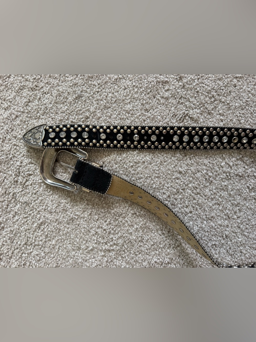 Guess Black Studded Western-Style Belt with Silver Buckle